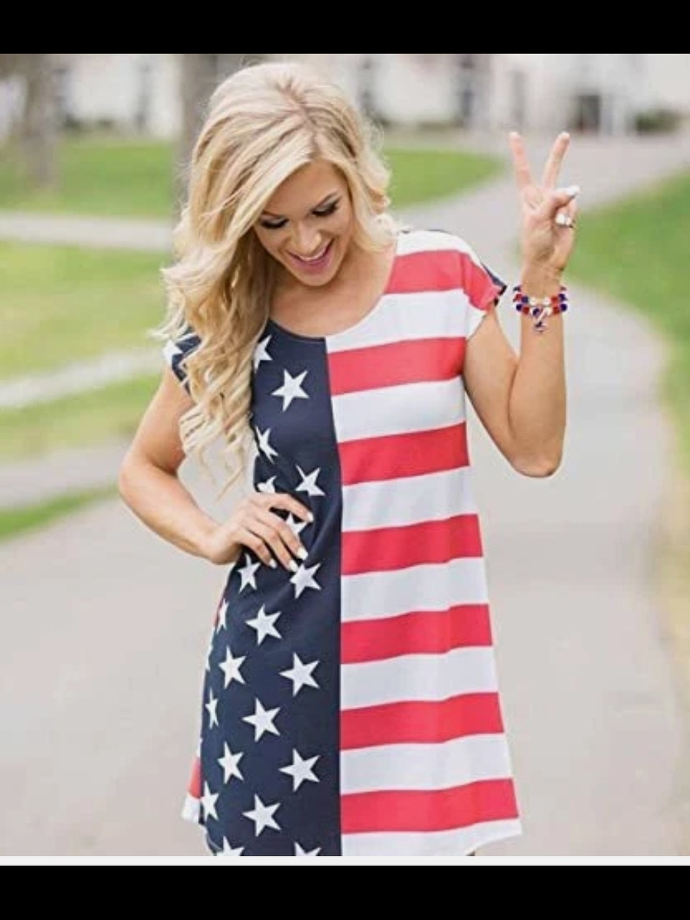 Striped Flag Cap Sleeve Mini Dress - Red White Blue. M